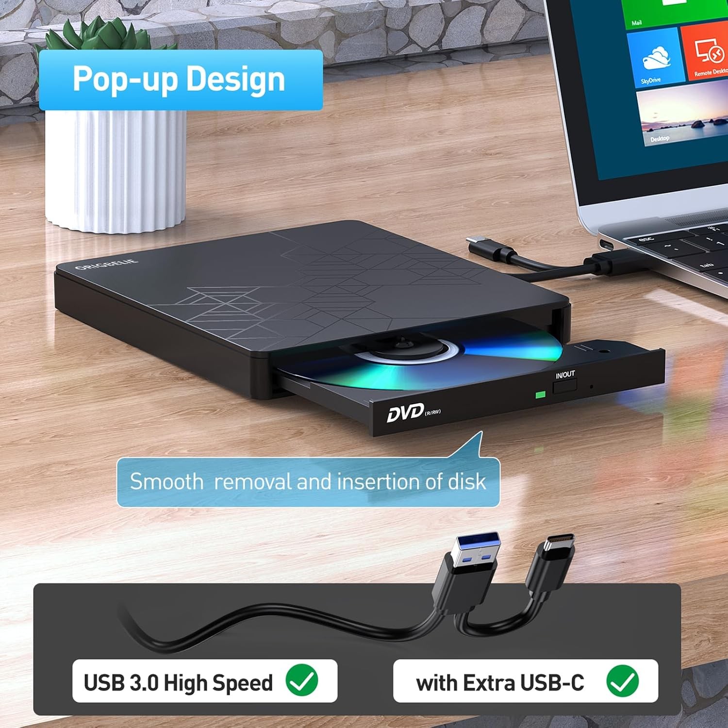 External DVD Drive, CD Drive USB 3.0 Typle C CD/DVD ROM +/-RW Adapt…