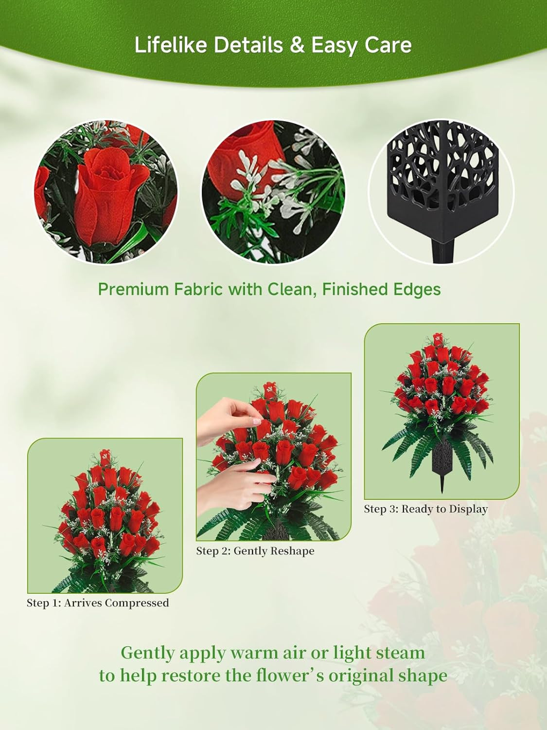 Set of 2 Cemetery Flowers for Grave with Spiked Vases, 24-Stem Red Artificial Ro