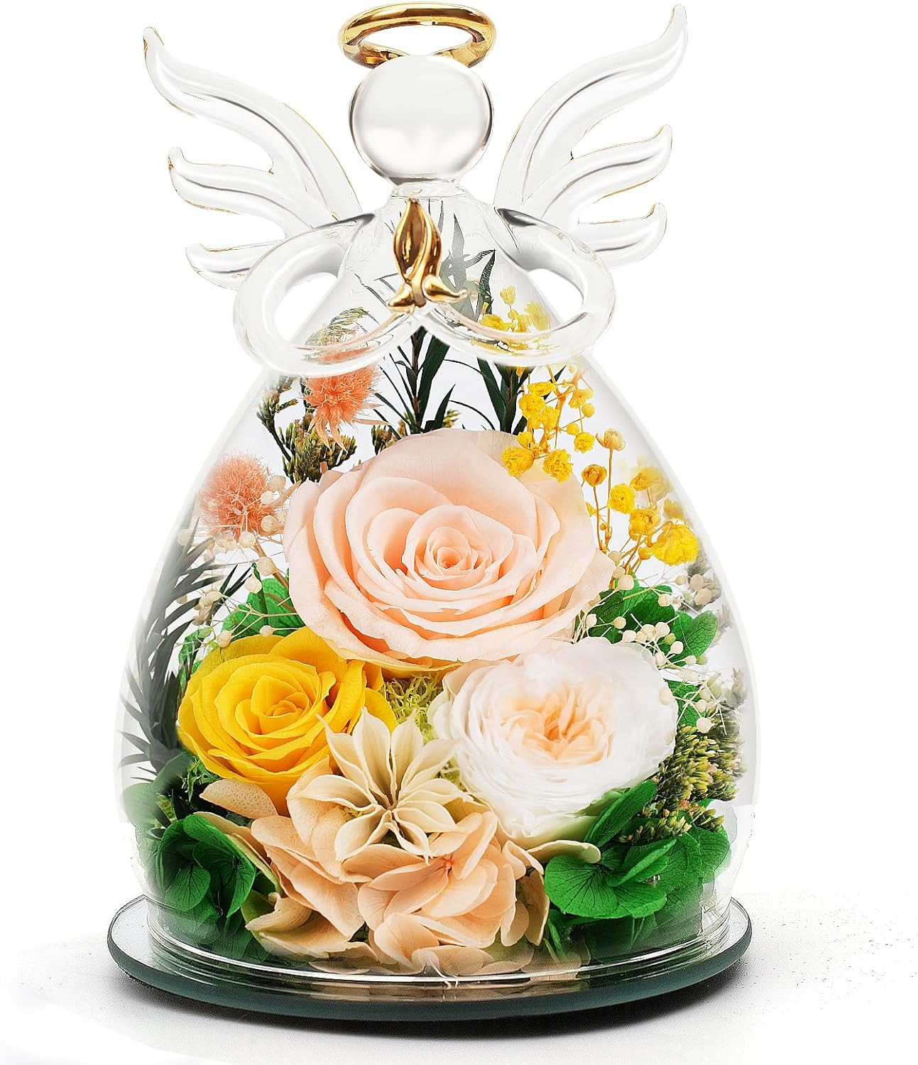 Womens Day for Mom Women, Preserved Rose in Glass Angel Figurines, Real Fresh Fl