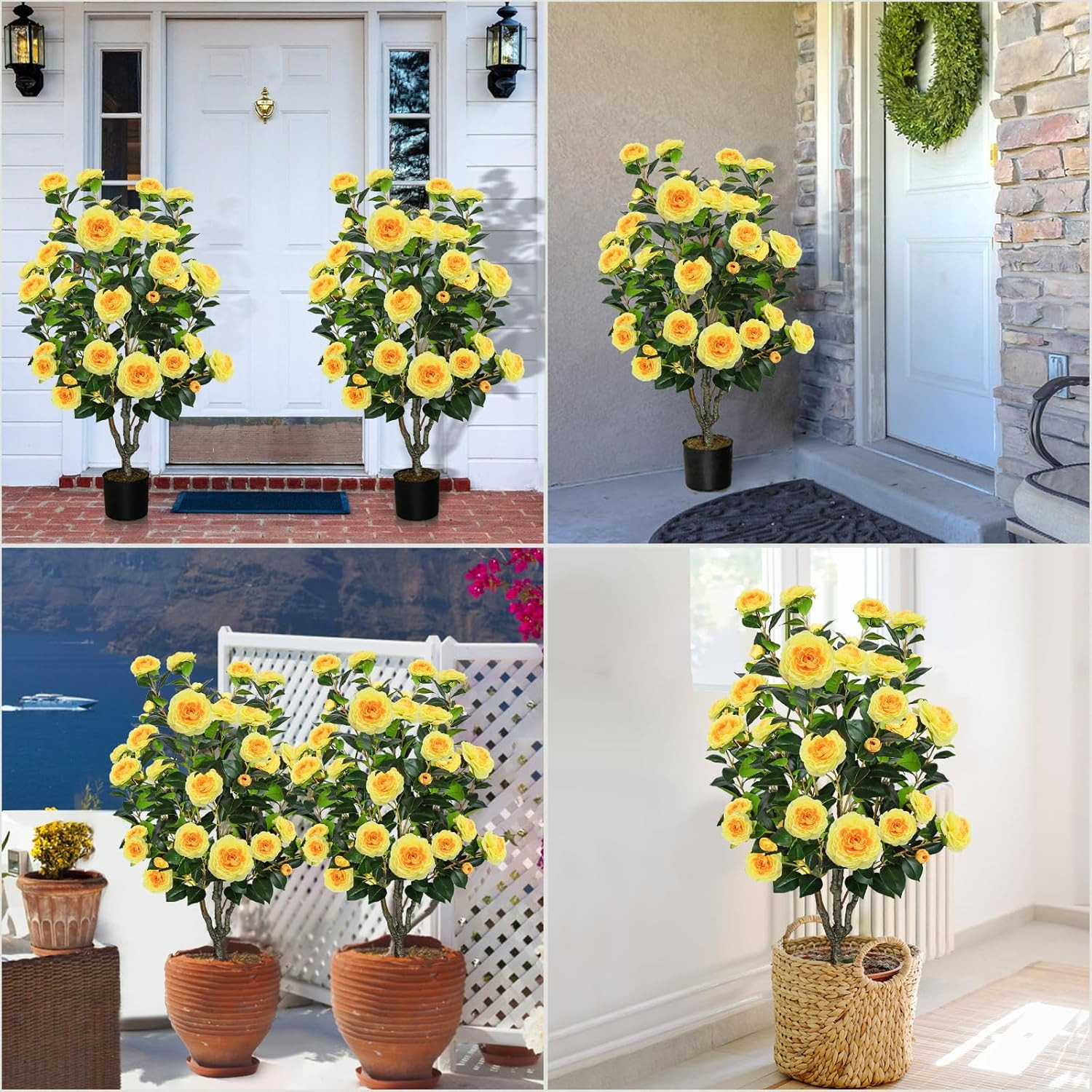 42″ Yellow Artificial Camellia Tree – 2 Pcs Faux Plant for Home & Outdoor Decor