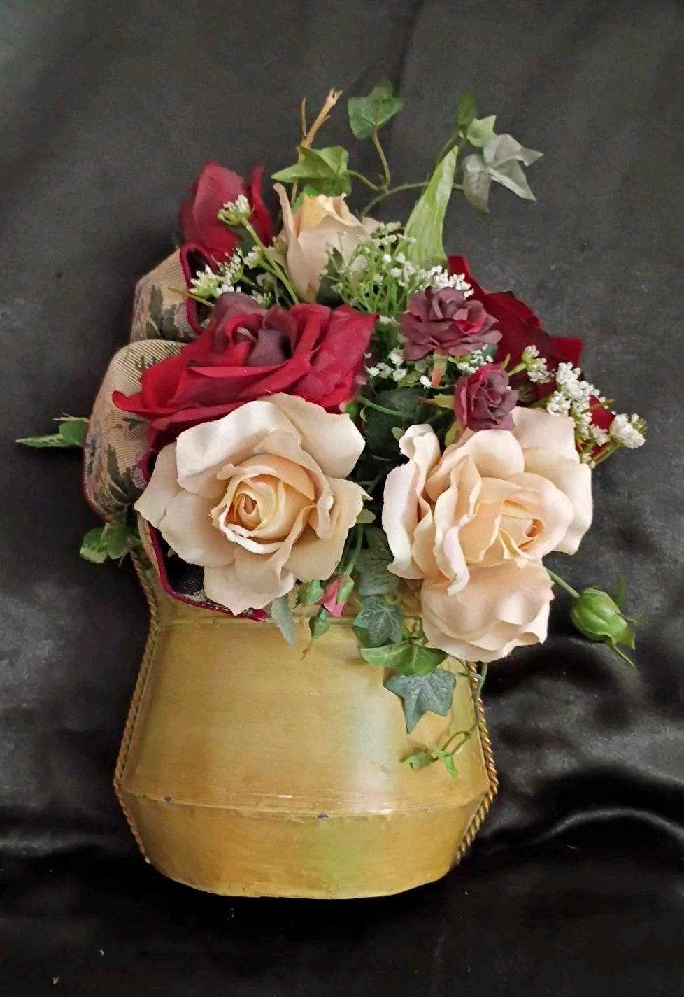 Silk Roses Bouquet In Cream/Gold Tin Wall Container 5.5×2.5×9″