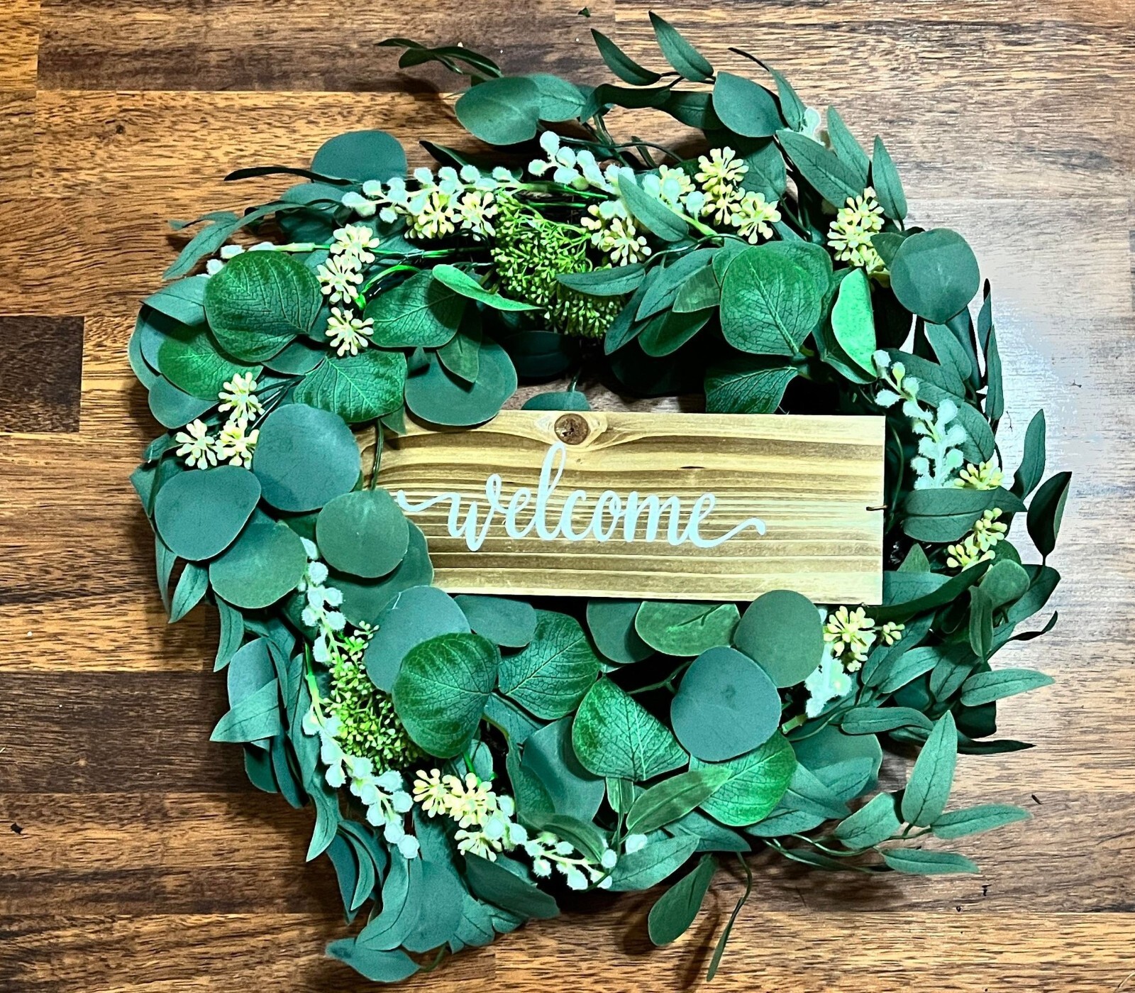 Green Artificial Eucalyptus Wreath with Welcome Sign 20in Mixed White Berries