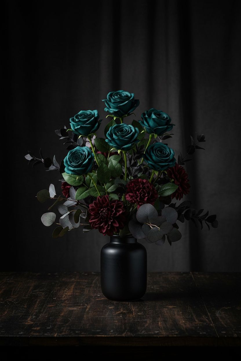 Set of 6 Dark Teal Green Artificial Rose Stems Peacock Teal Faux Roses Boho Wedd
