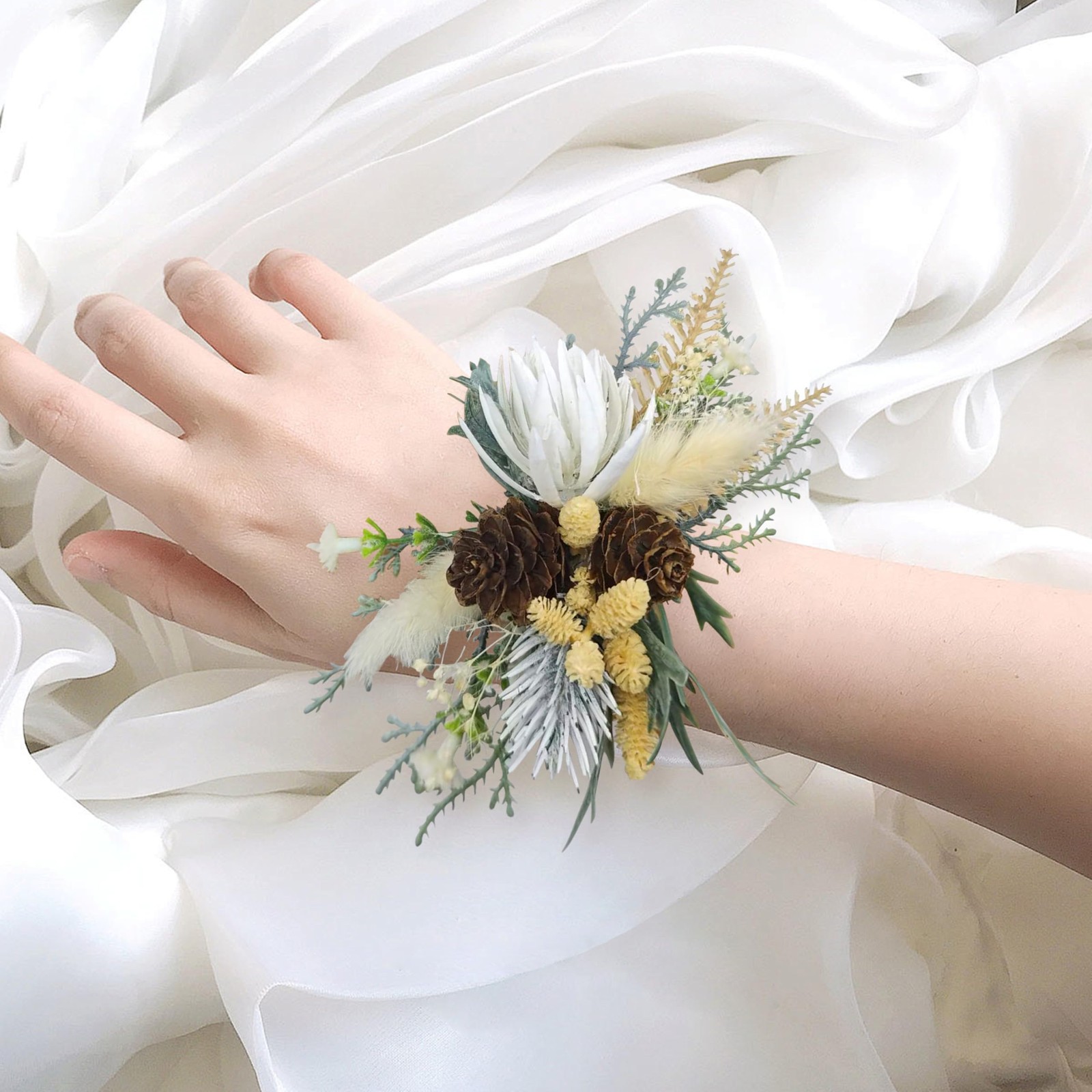 2 PCS Dried Rustic Artificial Wrist Corsage Boutonniere Set Bride Groom Prom