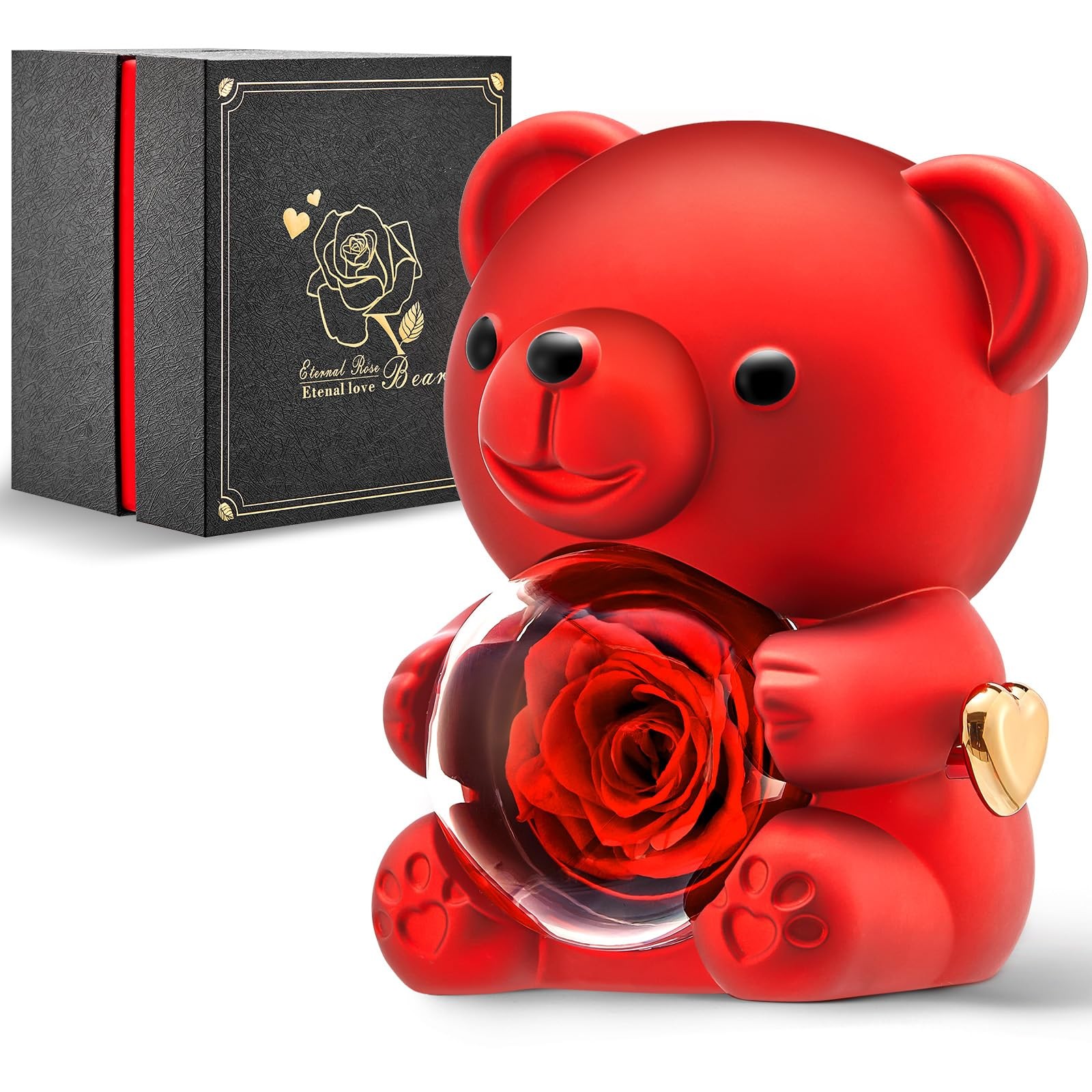 Romantic Teddy Red Bear with Preserved Rose – Real Rose in Elegant Black Gift…