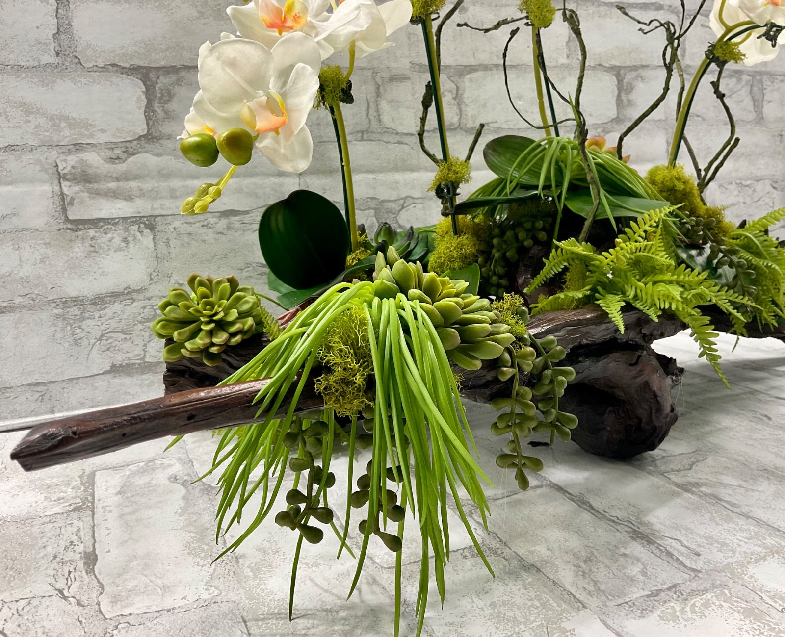 Large Driftwood Orchid Arrangement, White Real Touch Orchids Succulents 28’x17′
