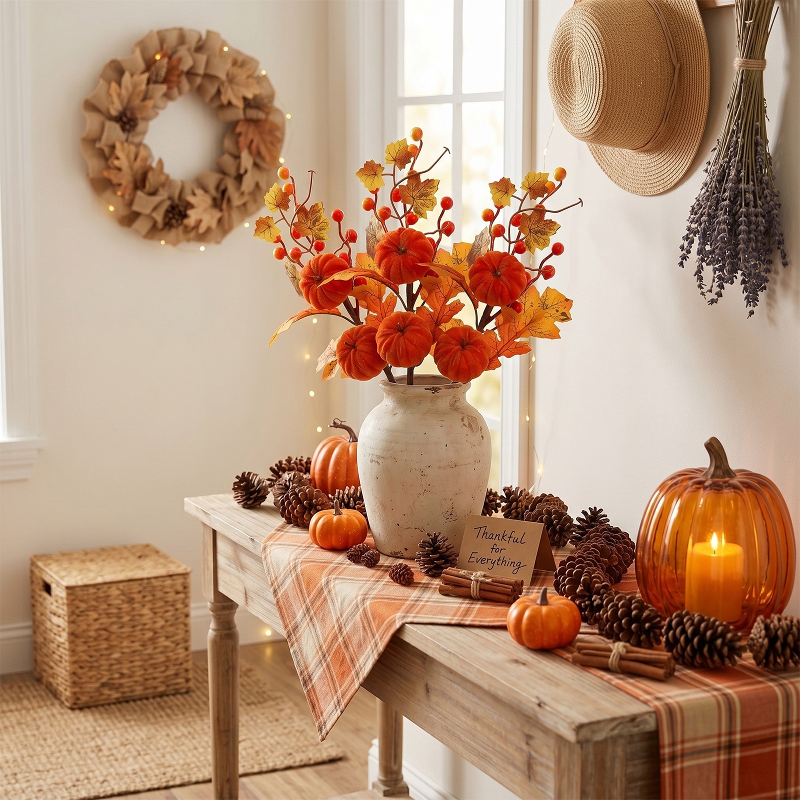 Orange Pumpkin Floral Picks 45cm 3 Pack with Realistic Maple Leaves Berries