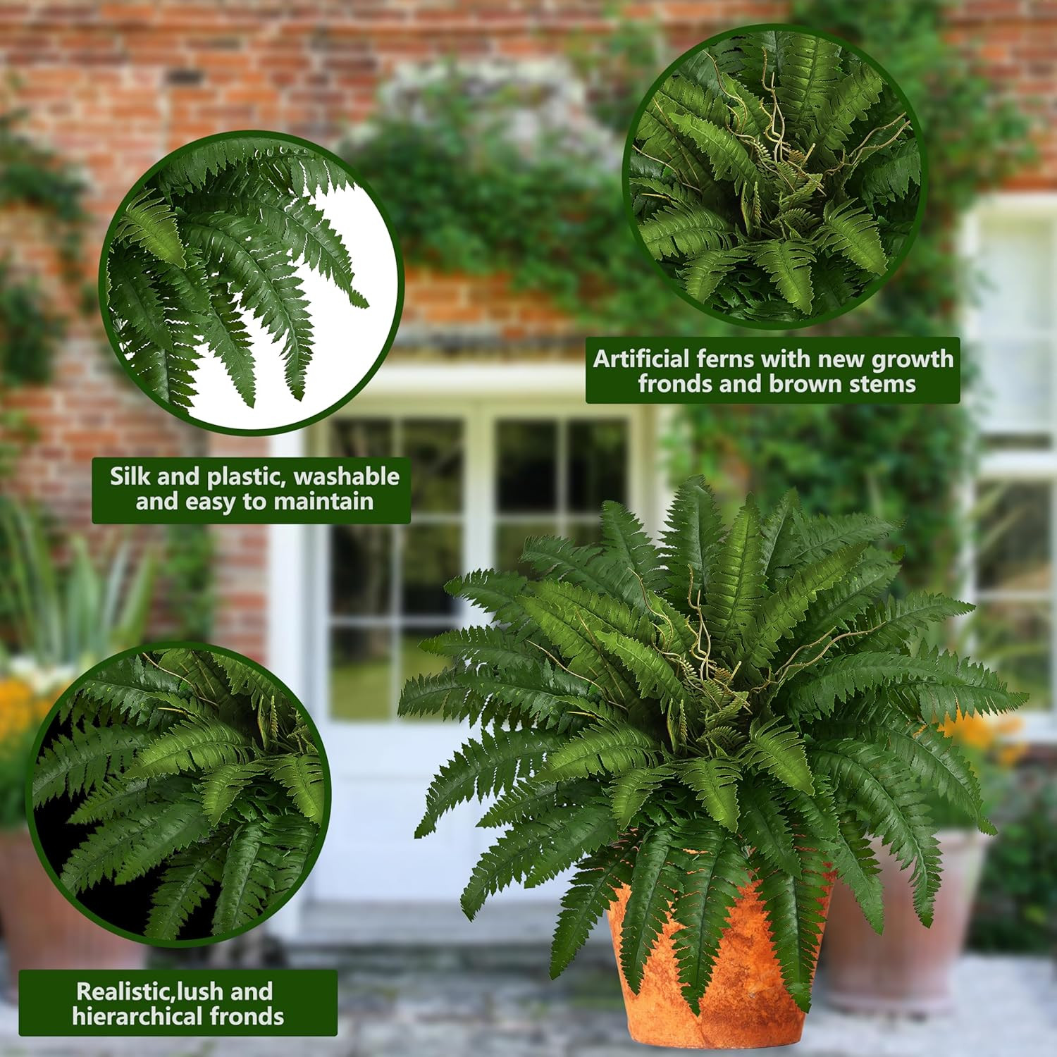 38″ Artificial Boston Ferns Bush Plants, Set of 2, Large Faux Ferns Hanging Deco