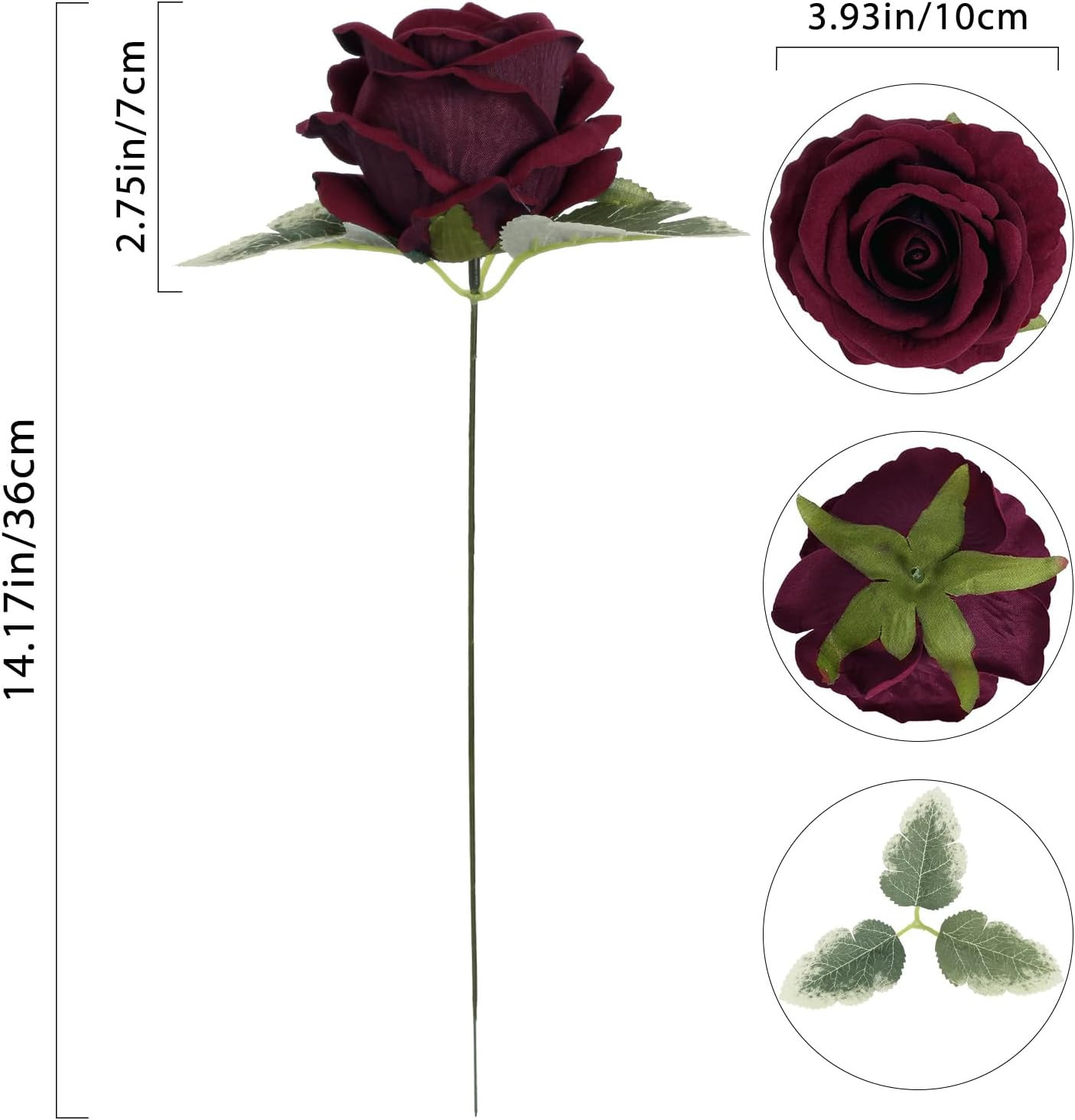 16pcs Burgundy Rose Artificial Flowers 3.93″ Large Fake Velvet Rose Bulk Real To