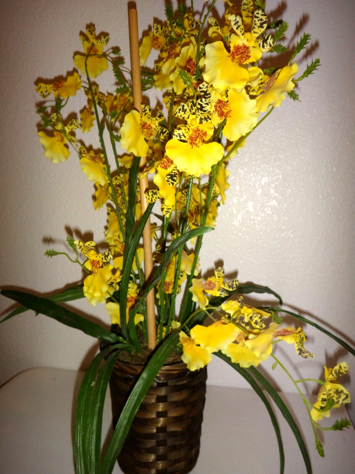 Decorative Artificial Yellow Flowers in Wood Basket Floral Décor Height 22″