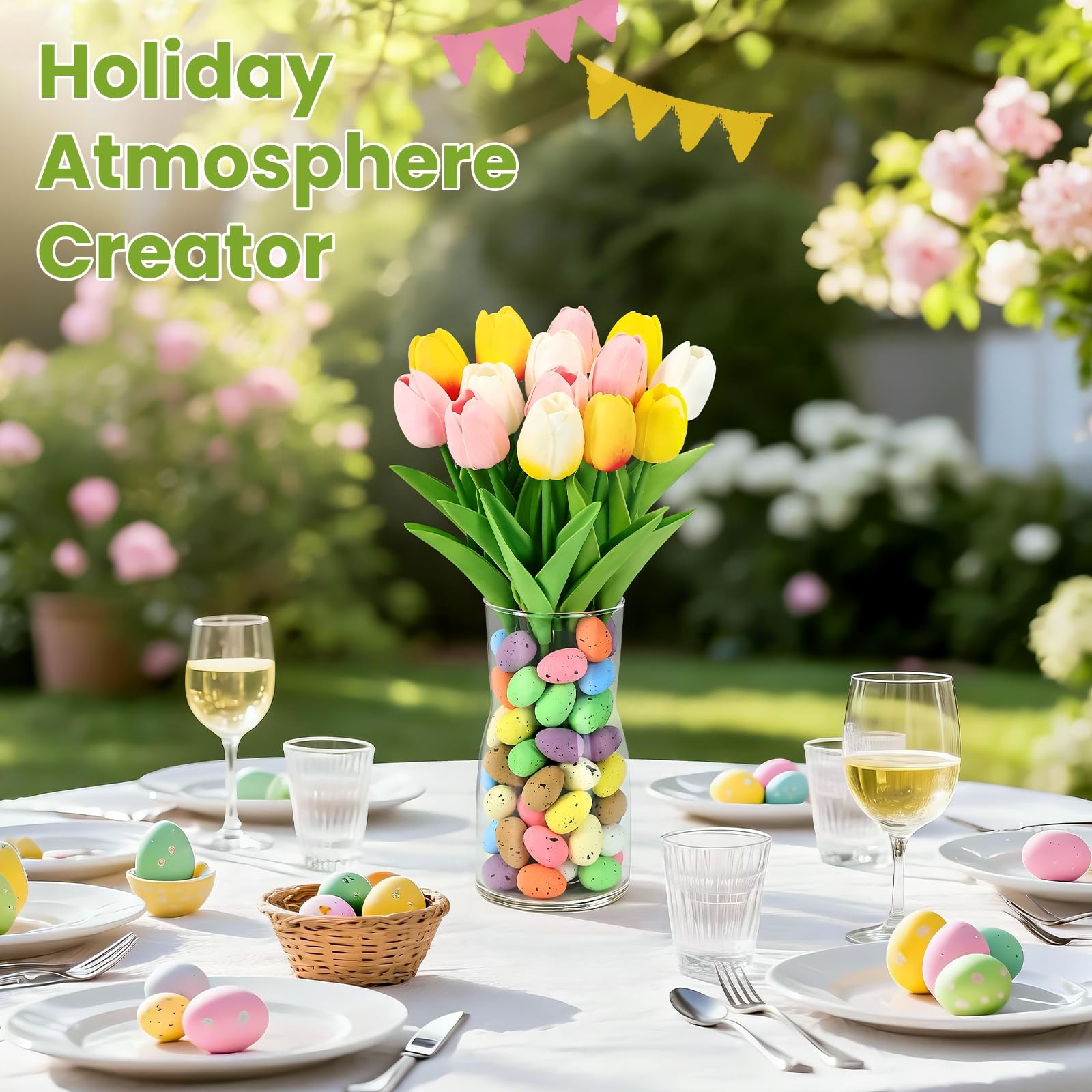 Spring Easter Decorations 12 Artificial Tulips with Easter Colorful Eggs and …