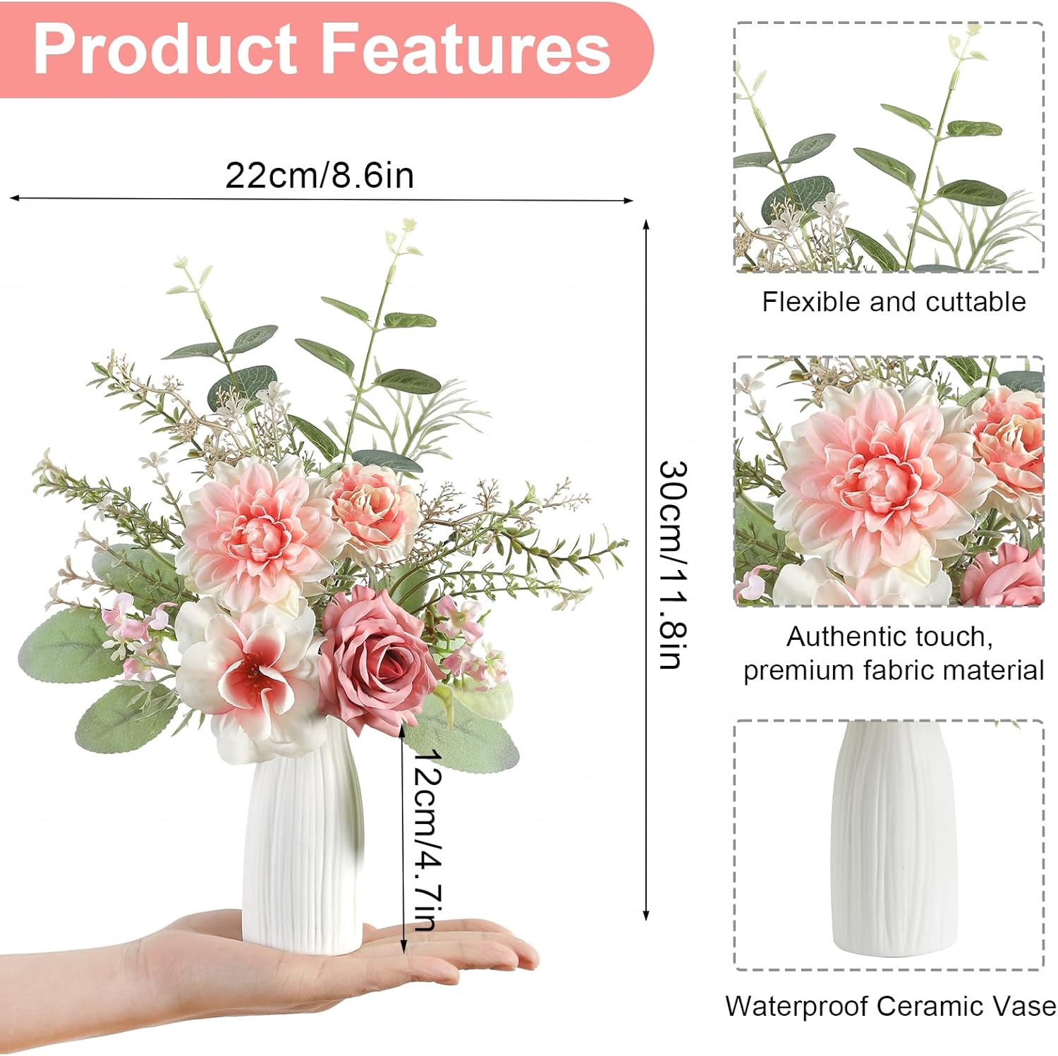Small 11″ Artificial Flowers in Ceramic Vase – Pink Silk Flower Centerpiece for