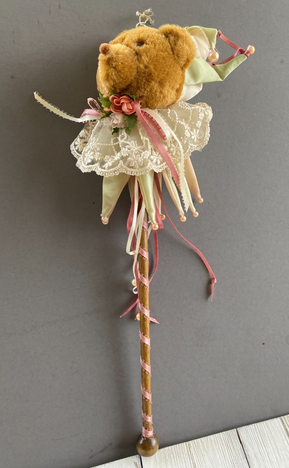 Fancy Teddy Bear with Ribbons, Lace, Flowers on a Stick ~ Unique Wall Decor