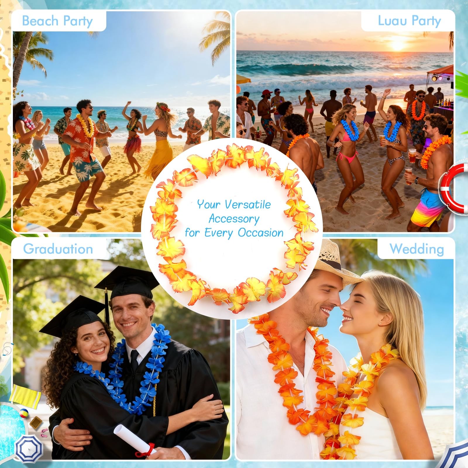 50 PCS Hawaiian Leis Bulk Colorful Tropical Flower Necklace for Luau Party De…