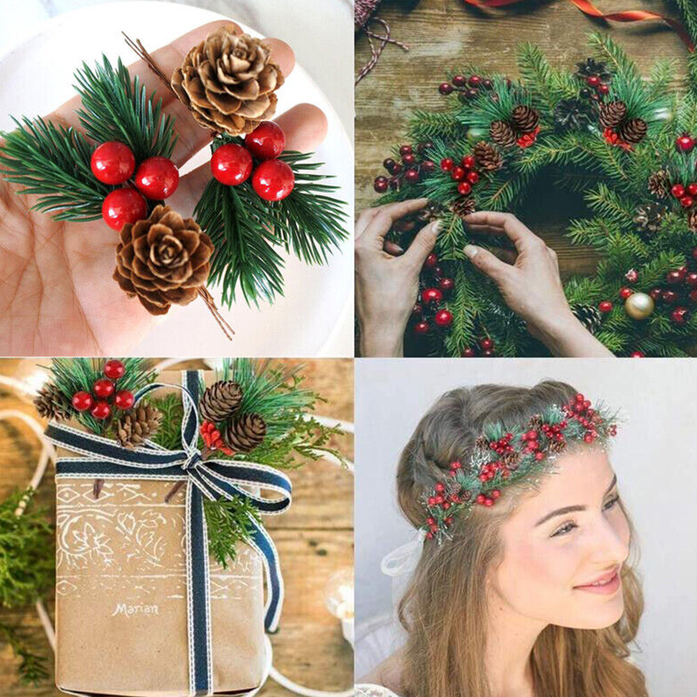 10pcs Red Christmas Berry Artificial Flower Pine Cone Branch Party Xmas Supplies