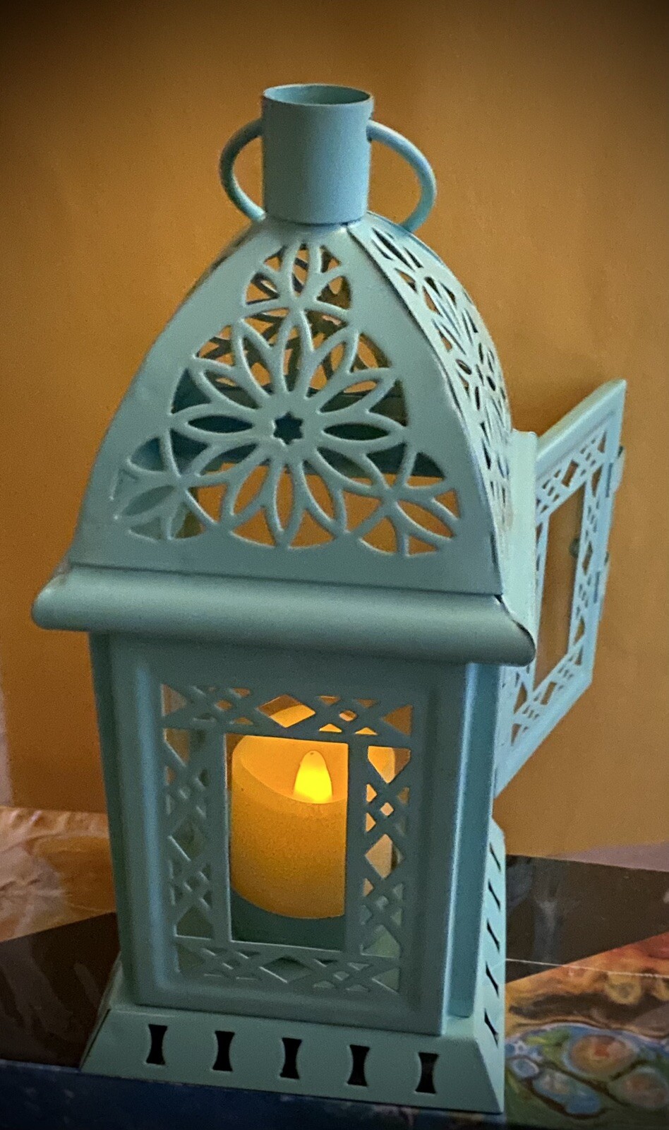 Moroccan Glass and Metal Lantern Indoor/Outdoor Decor w/ Baytery Candle