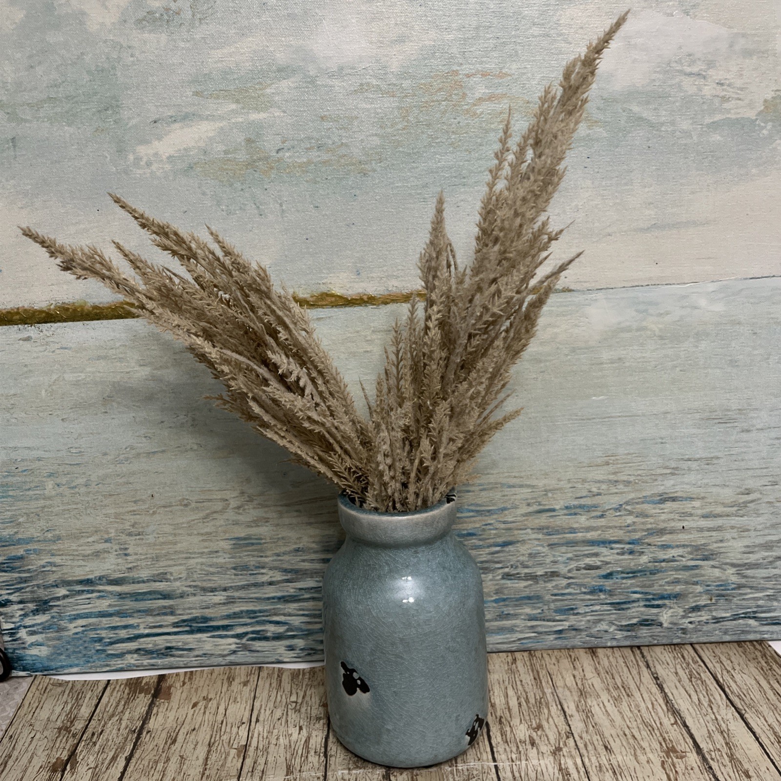 Blue Vase Distressed With Artificial Pampas Grass Arrangement Beige Coastal