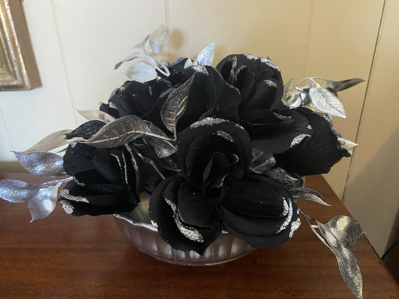 Handcrafted Black And Silver Glitter Rose Arrangement