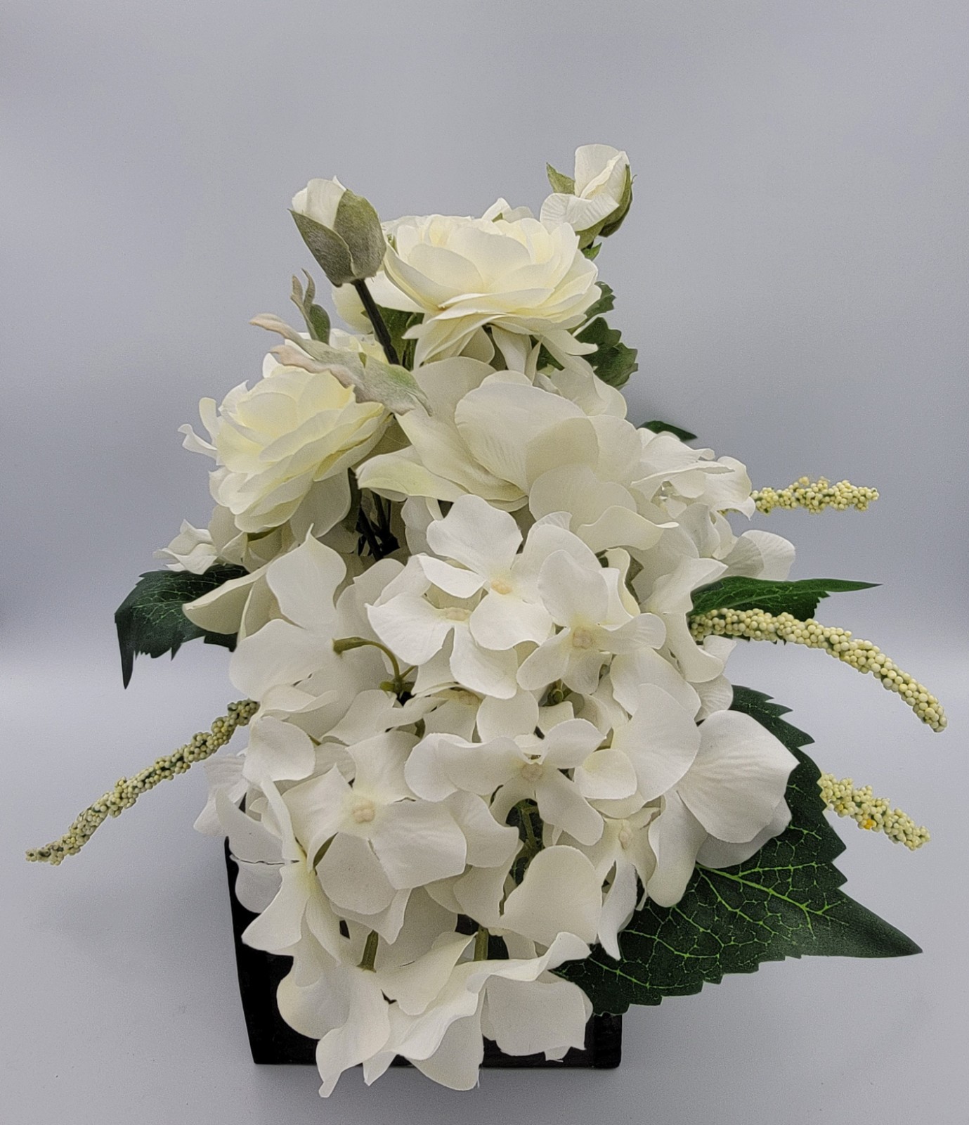 Faux Flowers Cream Peonies, Hydrangeas, Roses Ivy, Wood Box