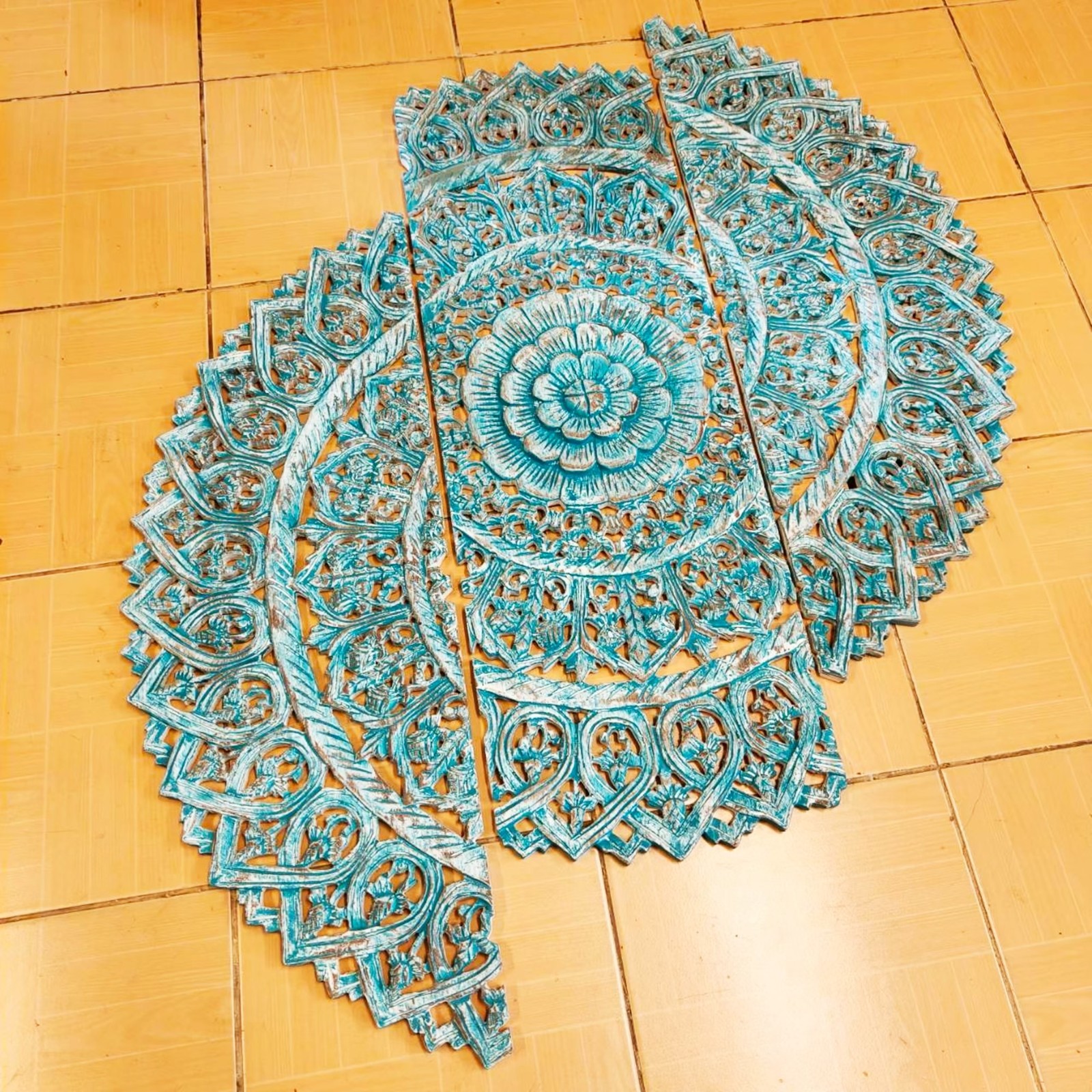 36″ Turquoise Wood Mandala Wall Art Teal White Wash Carved 3-Piece Bohemian #G