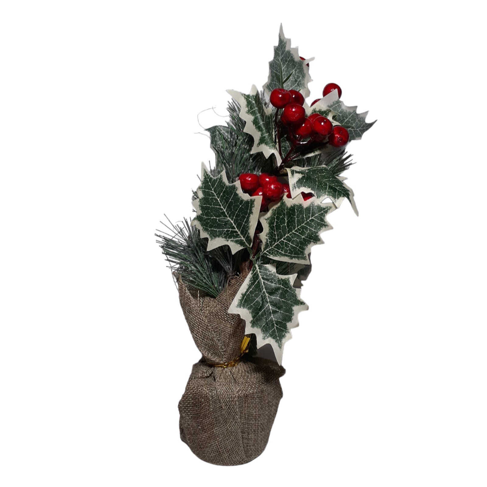 Home Decor Plant Artificial Holly Berries Pine Ivy Greenery In Burlap Winter 11″
