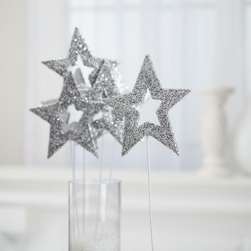 Silver Glittered Open Star Picks