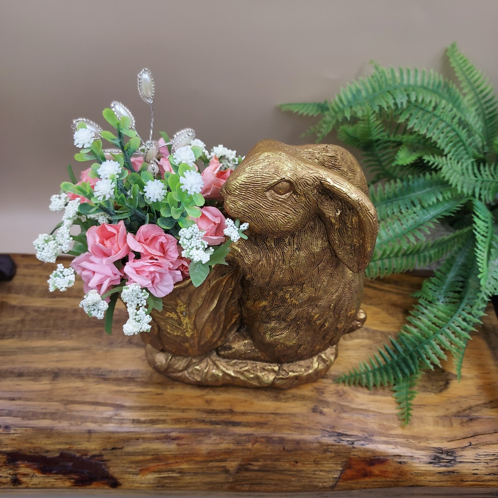 BUNNY & CABBAGE PLANTER Table Decor Gold Rabbit w Pink Mini Roses / Flowers
