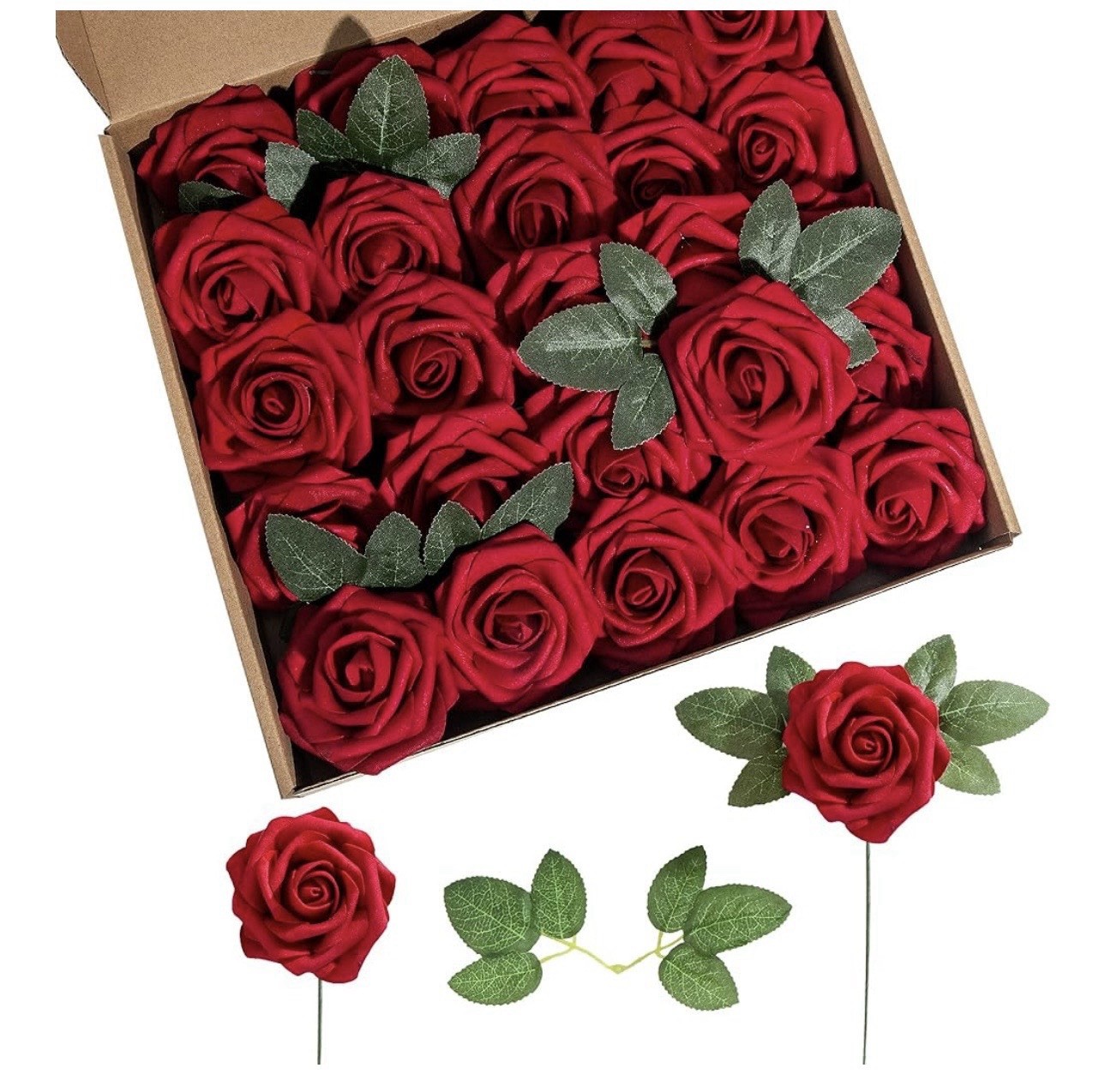 Artificial Flower Foam Rose 25pcs Real Looking Fake Rose with Stems Leaves