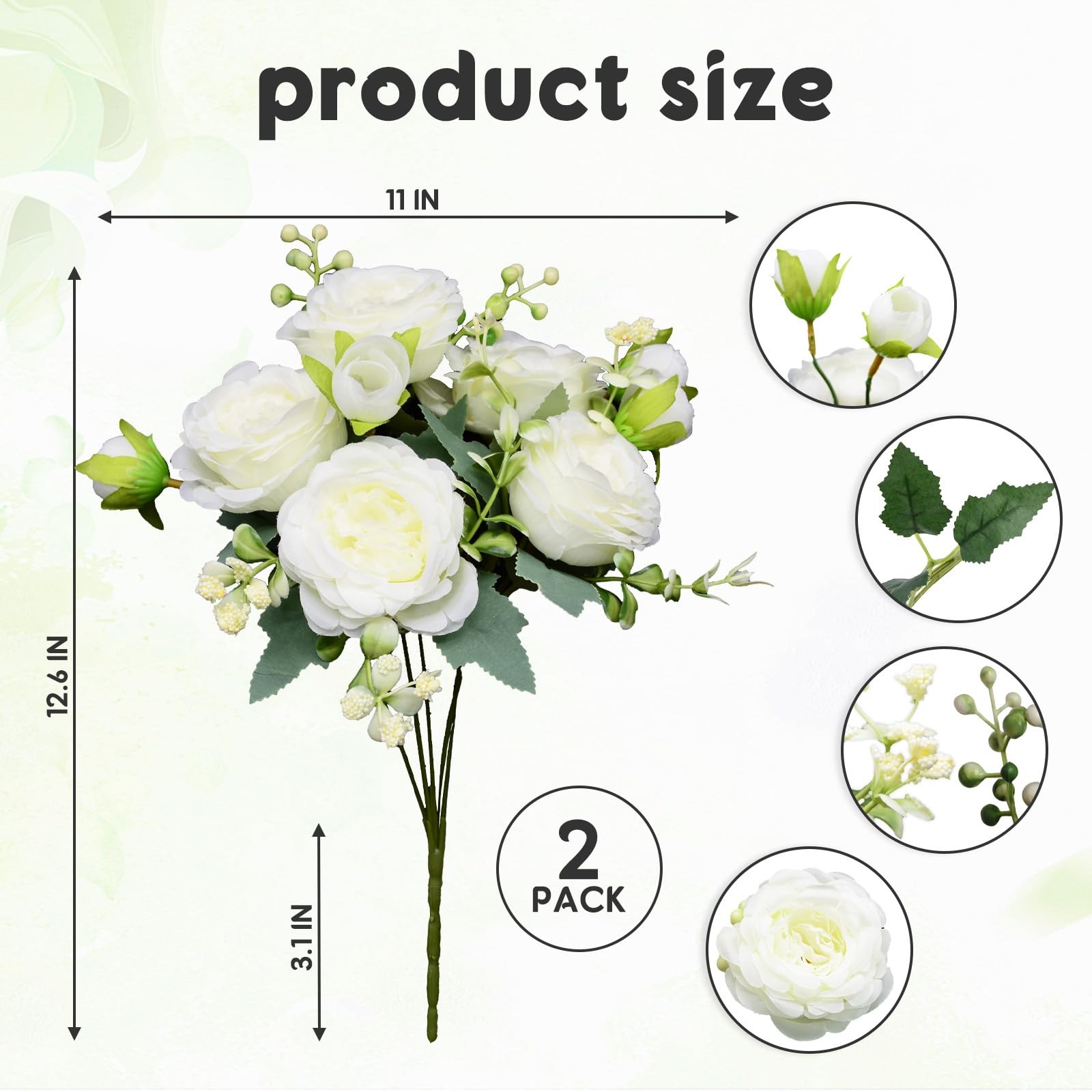 2 PCS Artificial Flowers Bouquet 10 PCS Austin Rose Heads White Peonies