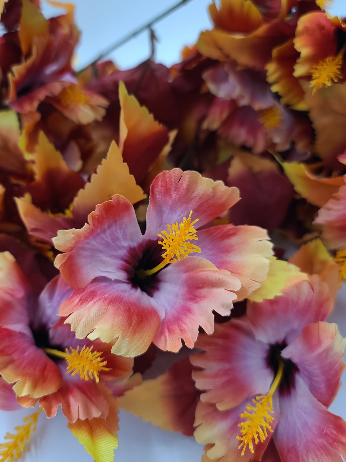 Faux Hibiscus Fake Fall Flowers Burgundy-Pink 2pk