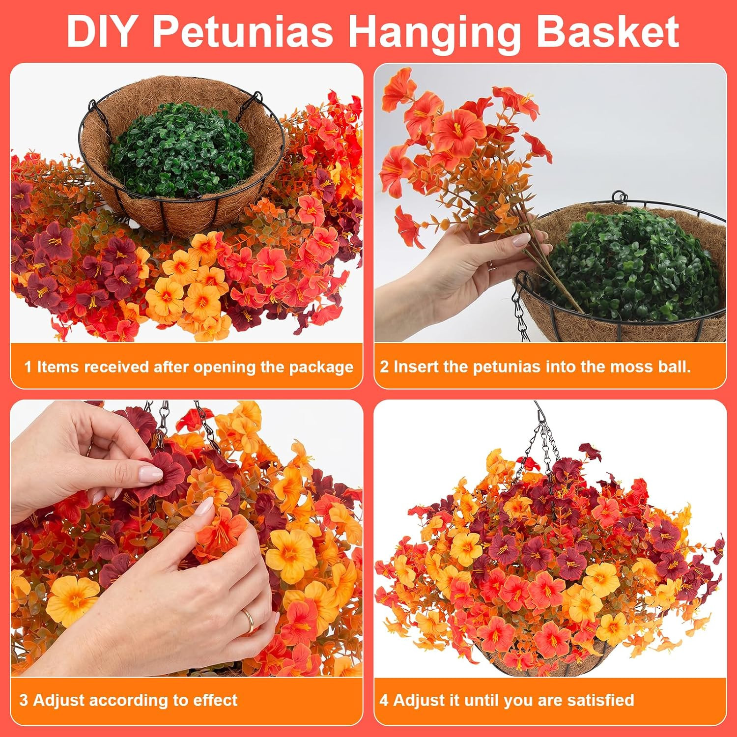 2 Set Artificial Outdoor Fall Flowers with Hanging Baskets, 24 Pcs Faux Petunias