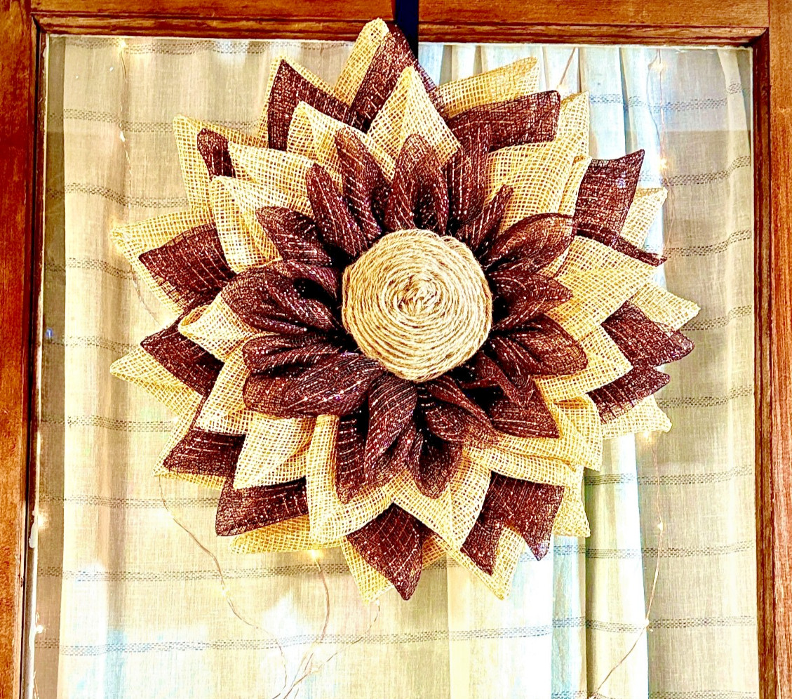 Farmhouse Burlap Sunflower Wreath – Handmade Rustic Sunflower – Fall Wreath