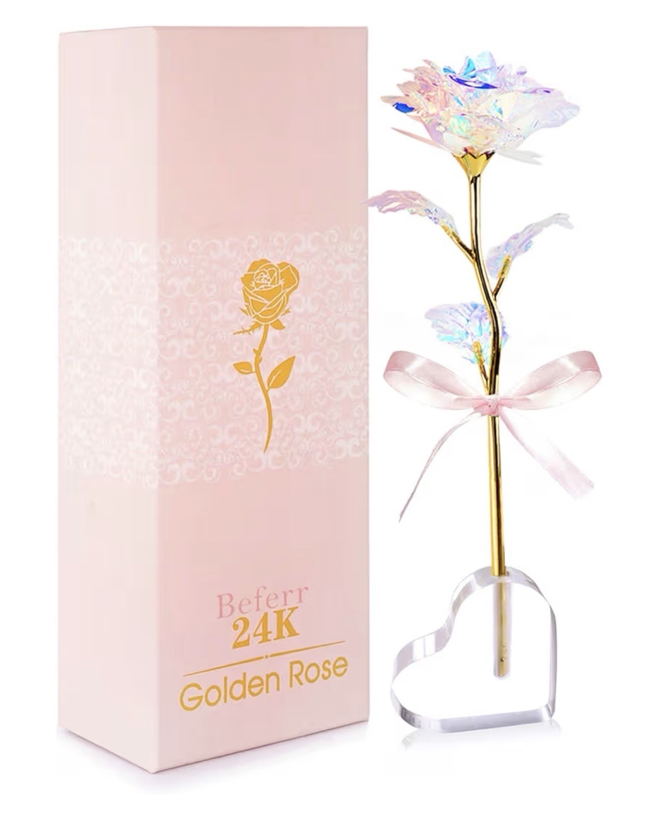 Artificial Iridescent 24K Golden Rose Gift Keepsake Flower Box Open Box