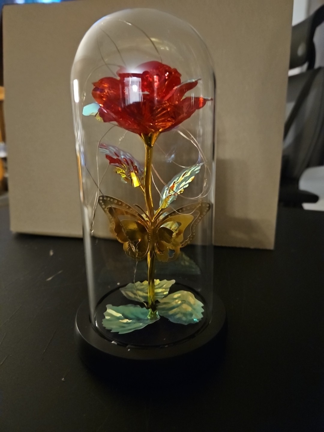 LED Red Rose, Butterfly Glass Dome. Tested Batteries