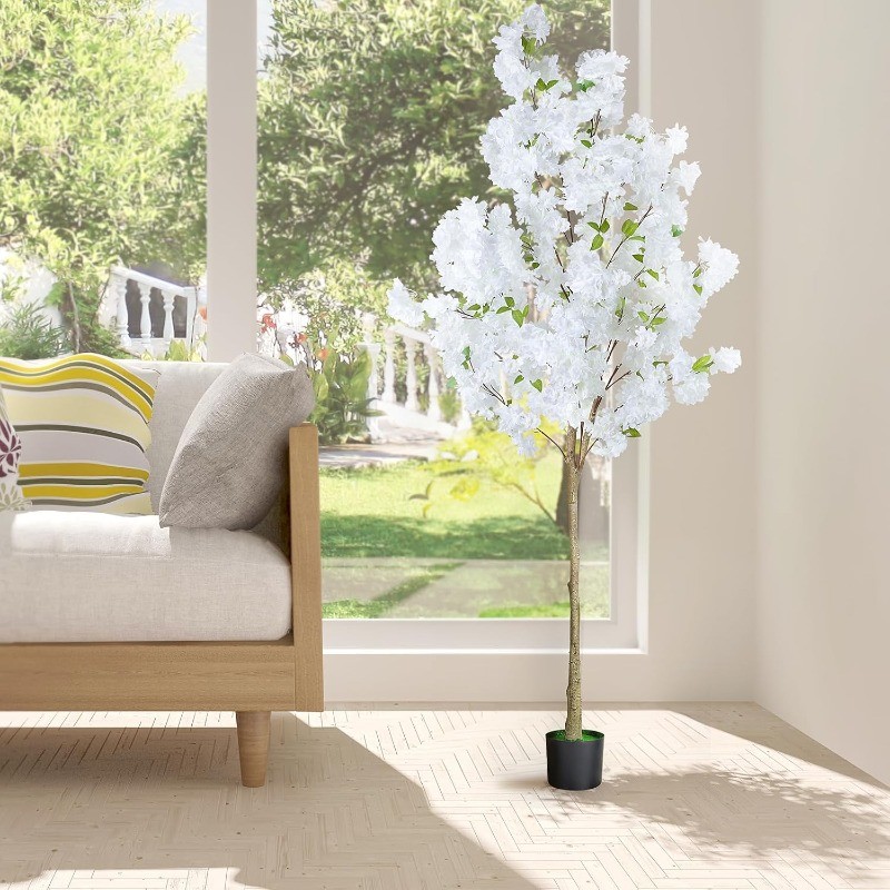 6Ft Tall White Artificial Cherry Blossom Tree,Faux Tree with Plastic Nursery Pot