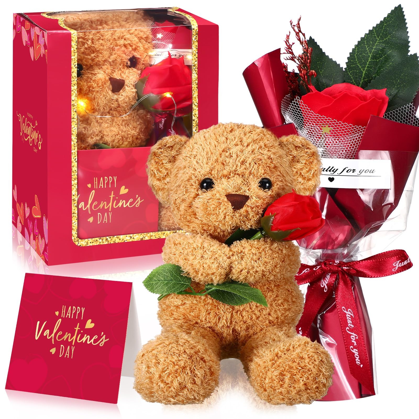 Valentine’s Day Gift Set Plush Stuffed Animal Bear with Rose Card and Box Red