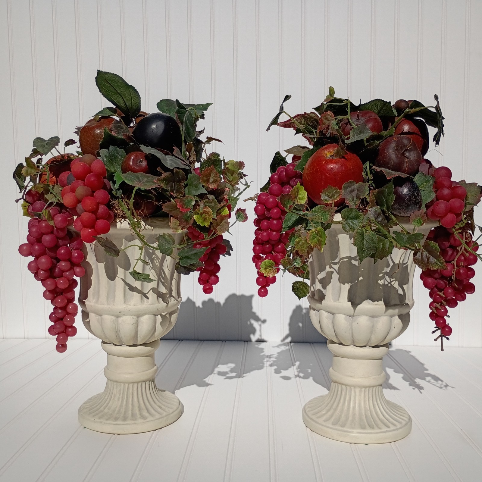 Vintage MCM Ceramic Urn Planters Neo Classical Regency Grapes Arrangements PAIR