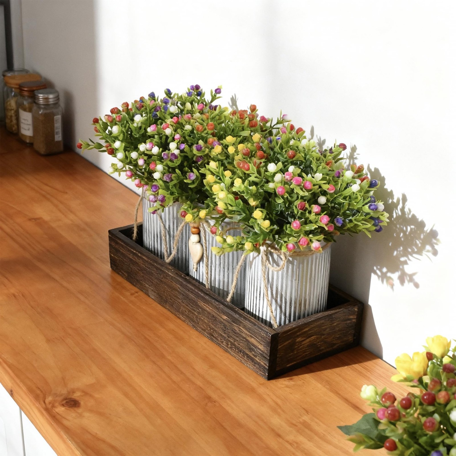 Artificial Milan Flower Bouquet Table Centerpiece 3MetalPot Tray Home Decor
