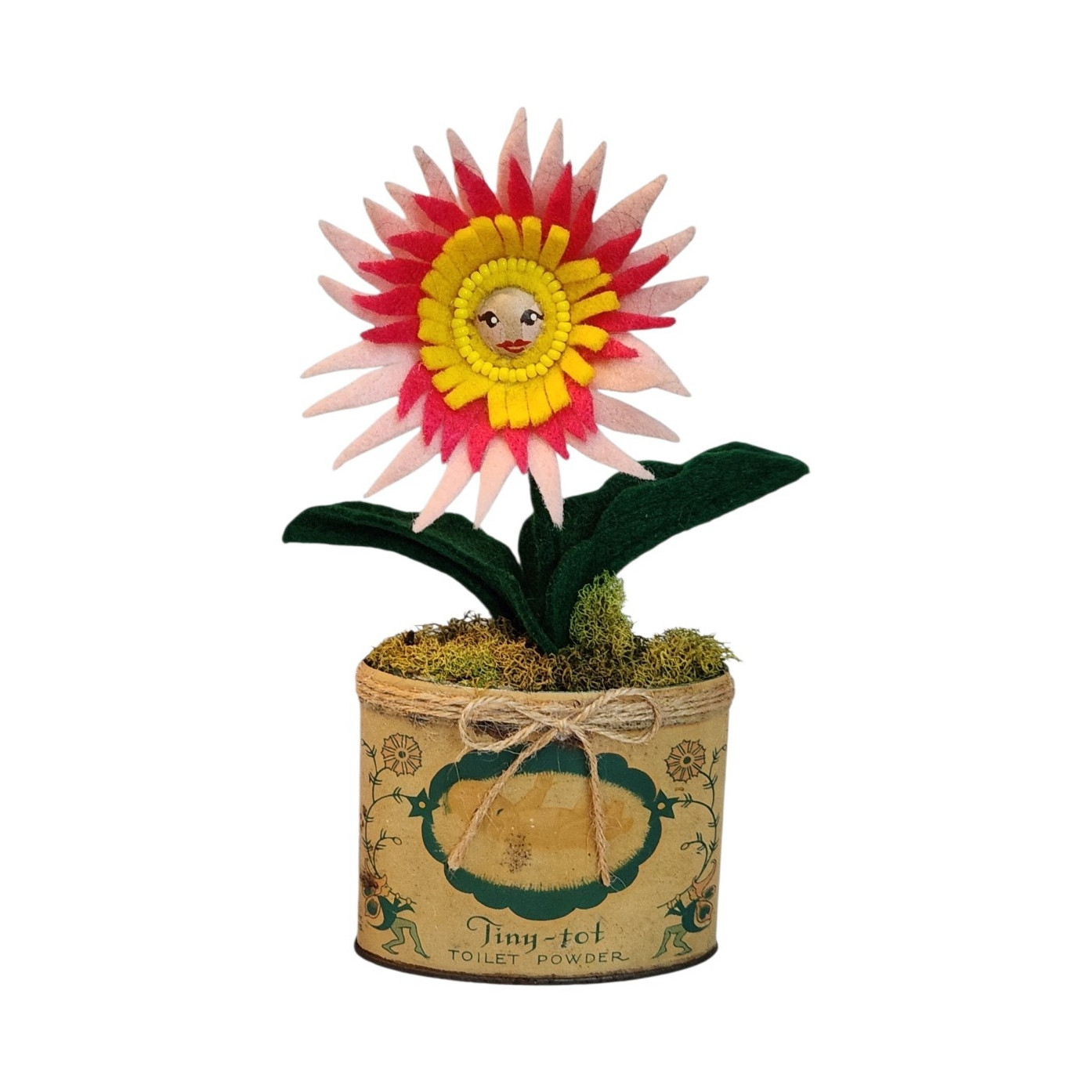 Artificial Felt Flower Arrangement in Decorative Pot/Tin, Green Pink Red Yellow