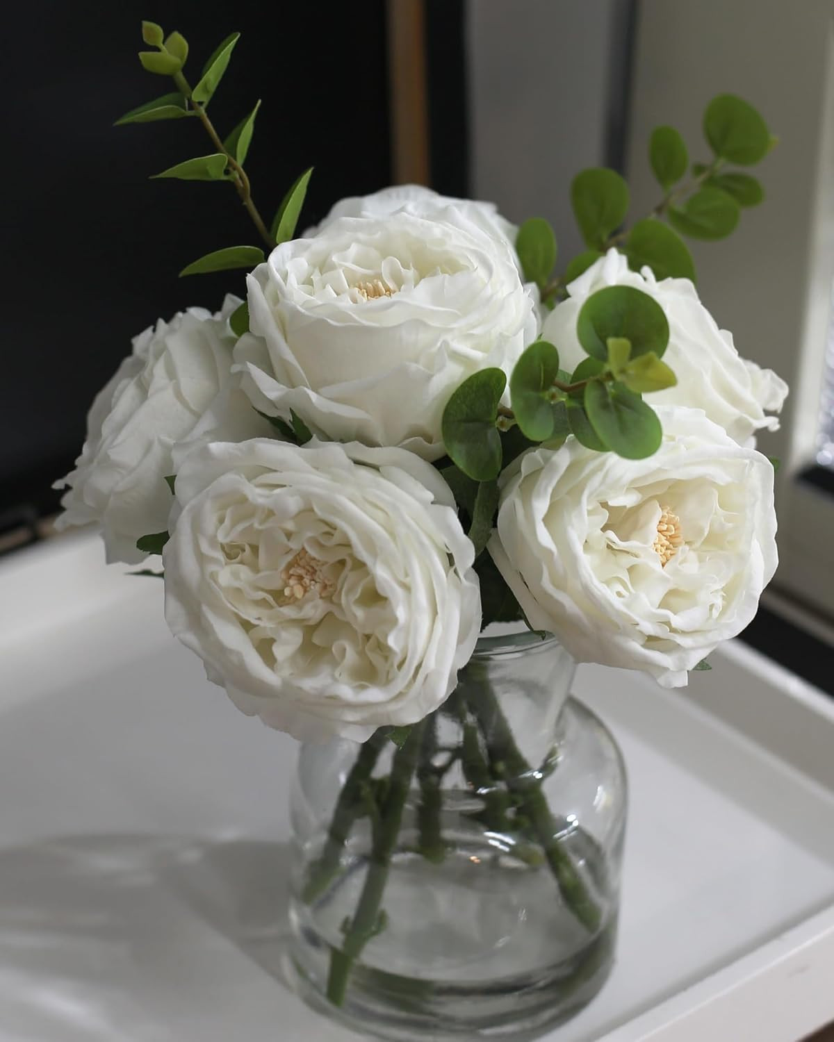 Artificial Flowers with White Roses in Vase, Fix Lifelike Fake Flowers in Vase w