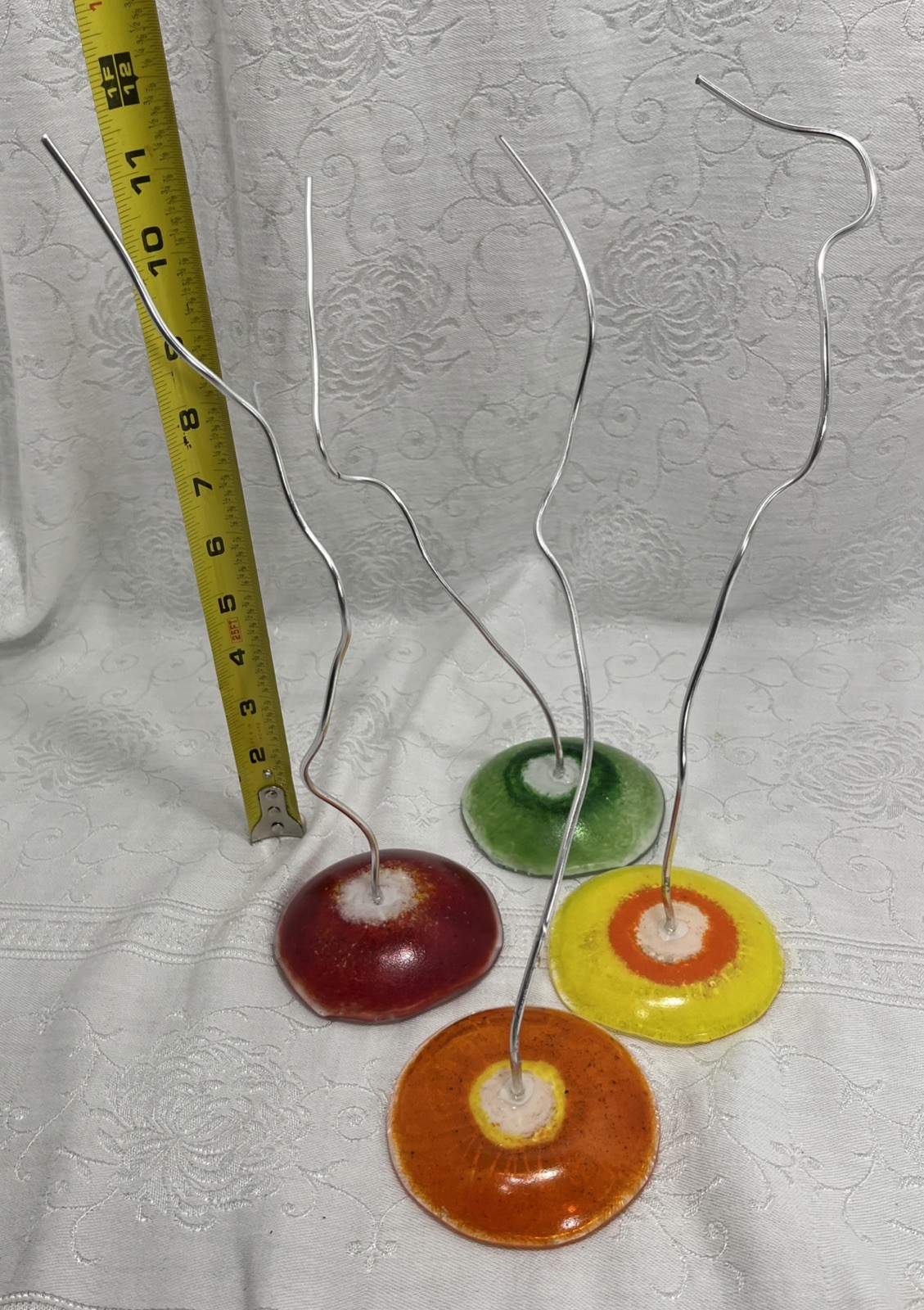 4 Flowers Pressed Glass Painted Tabletop Garden Bouquet Round Silver Metal Stems