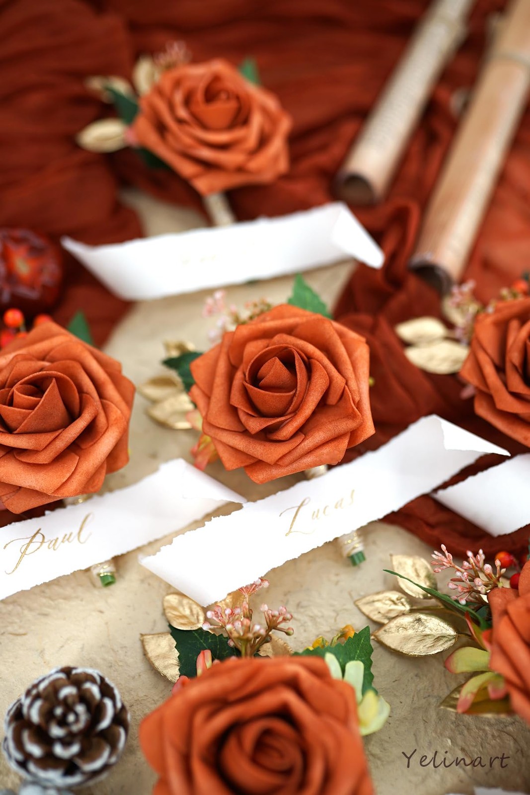 1 PCS Orange Boutonniere Men Wedding Groom Groomsmen Artificial Rose Flower