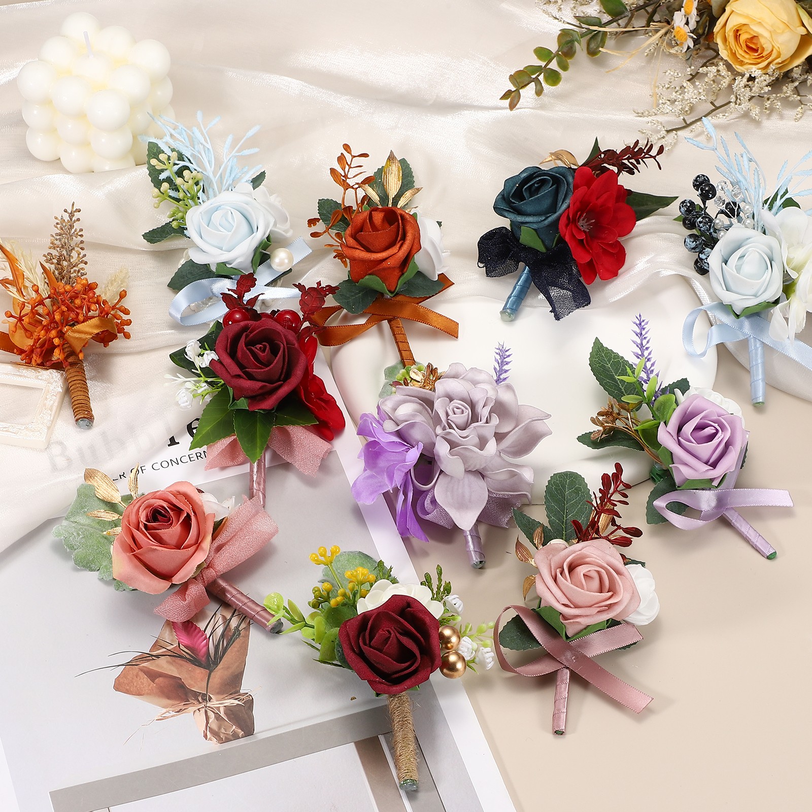 Mens Boutonnieres for Weddings, 6 Pcs Rose Boutonnieres, Navy Blue/Light Blue