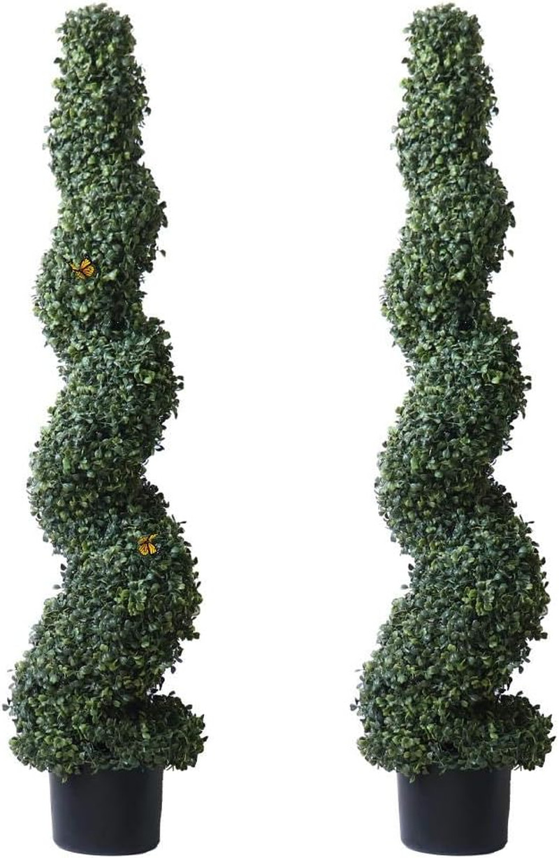 4′ Spiral Boxwood Topiary Trees Artificial Outdoor Plants in Plastic Pot Front P