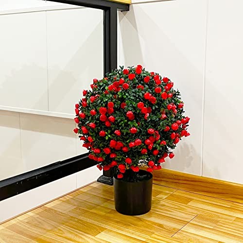 21.6” Tall Artificial Rose Topiary Ball Tree Set of 2 Pack Potted Bushes Red