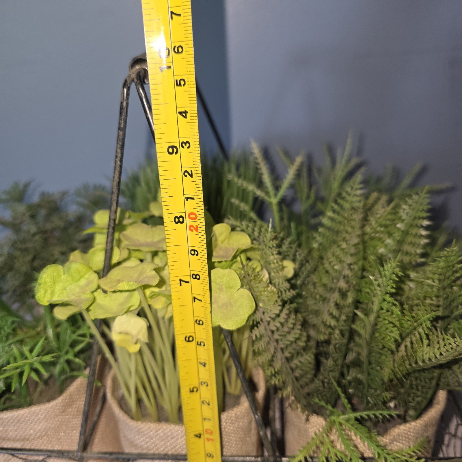 6 Artificial Plants In Burlap Containers In Metal Chicken Wire Carrier w Handle