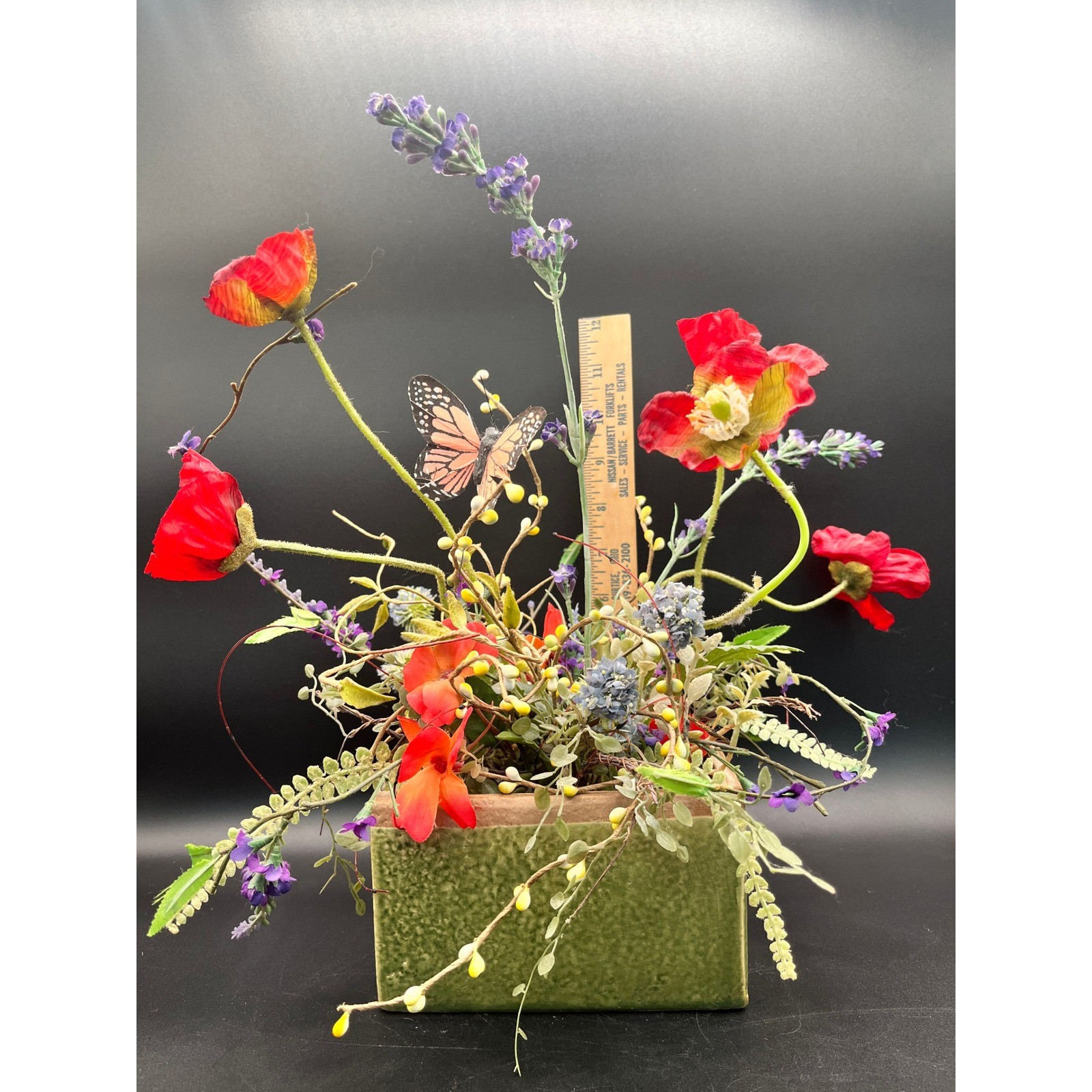 Flower Arrangement Greenery Poppies Lavender Butterfly Rustic Green Ceramic Pot