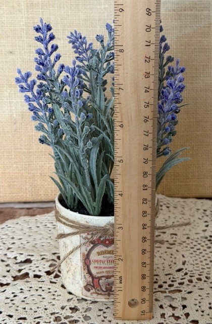 SMALL 8 1/2″ ARTIFICIAL PURPLE LAVENDER FLOWERS IN TEXTURED LITTLE POT W/ LABELS