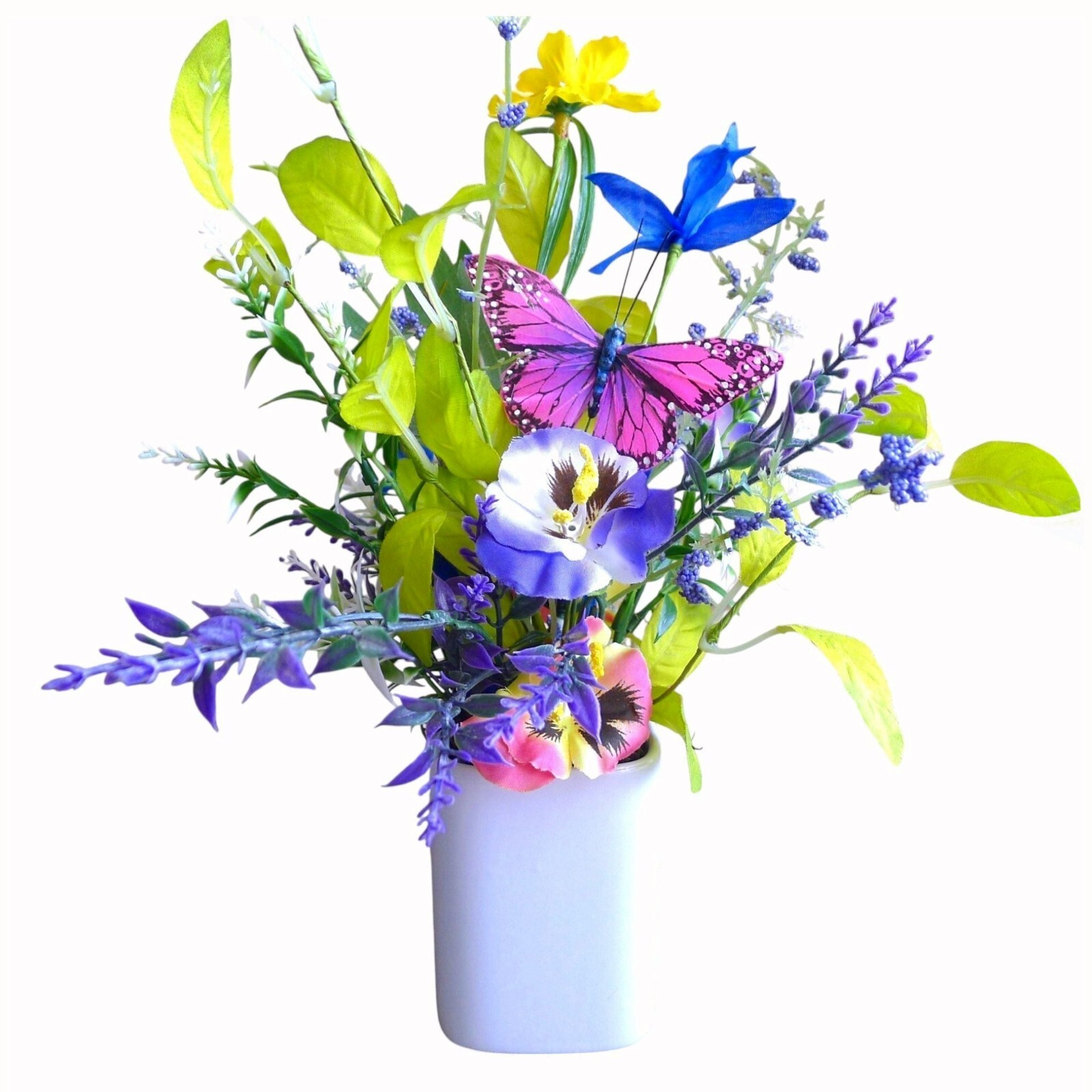 Wildflower Pansy Floral Arrangement Pink Feather Butterfly and a White Planter