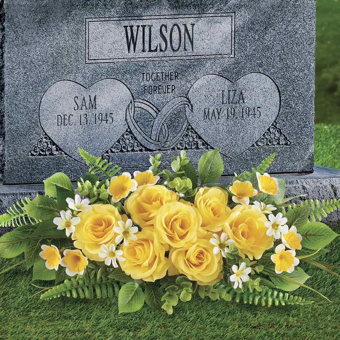 Artificial Yellow Roses and Greenery Memorial Arrangement Cemetery Garden Stake